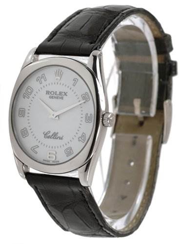 The image shows a Rolex Cellini 4233/9 Men's White Gold White Dial 4233/9 Men's White Gold White Dial watch at a side angle, highlighting its white dial, silver case, and black leather strap.