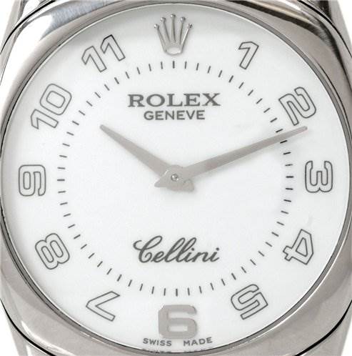 This image shows a front close-up view of the dial portion of the Rolex Cellini 4233/9 Men's White Gold White Dial 4233/9 Men's White Gold White Dial watch.