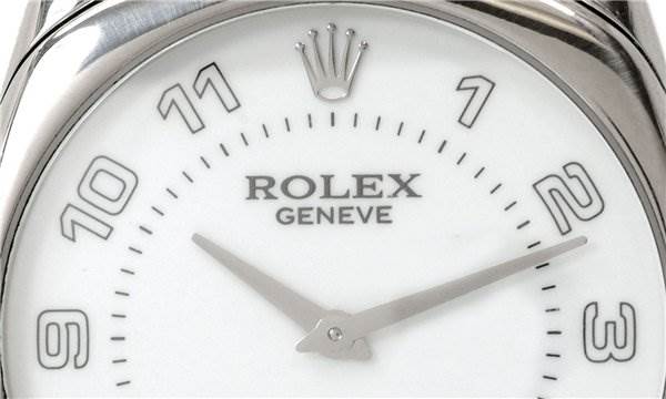 The image shows the dial of a Rolex Cellini 4233/9 Men's White Gold White Dial 4233/9 Men's White Gold White Dial watch, featuring the brand logo, and hour markers, viewed from the front.