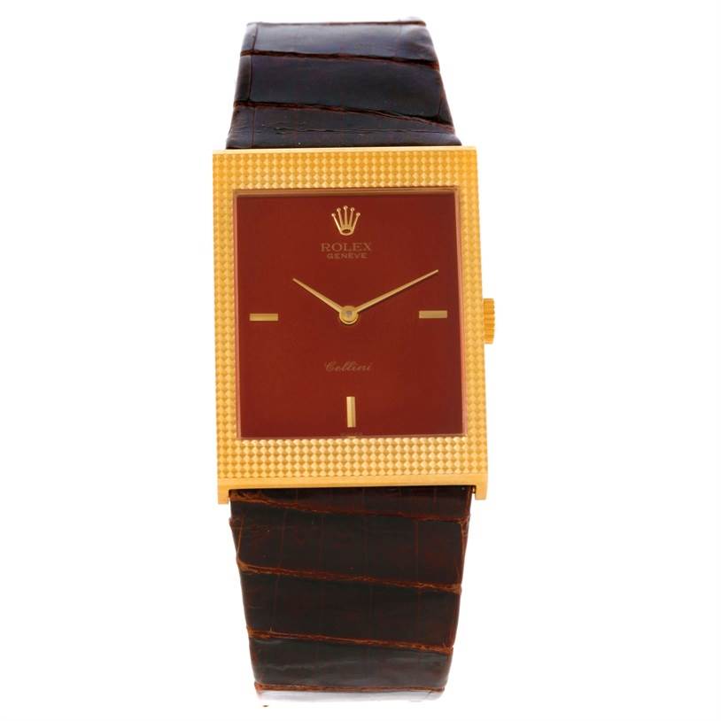 The image shows a Rolex Cellini 4127 Men
s Yellow Gold Champagne Dial 4127 Men
s Yellow Gold Champagne Dial watch from a front view, highlighting the watch face, bezel, and leather strap.