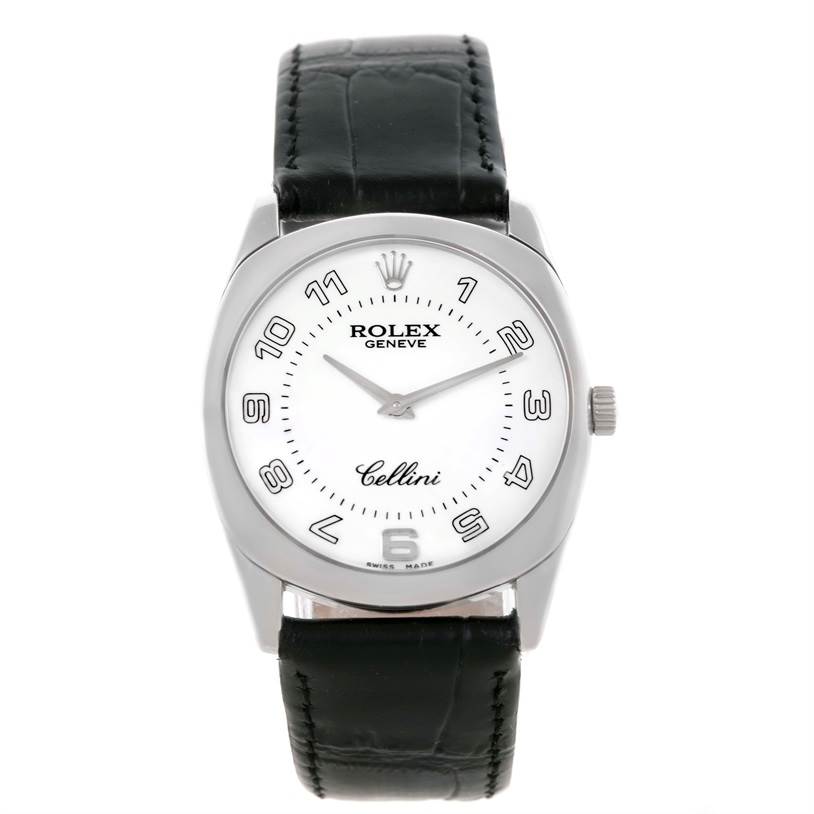 The image shows a front view of the Rolex Cellini 4233 Men's White Gold White Dial 4233 Men's White Gold White Dial watch, highlighting its white dial, silver hands, and black leather strap.