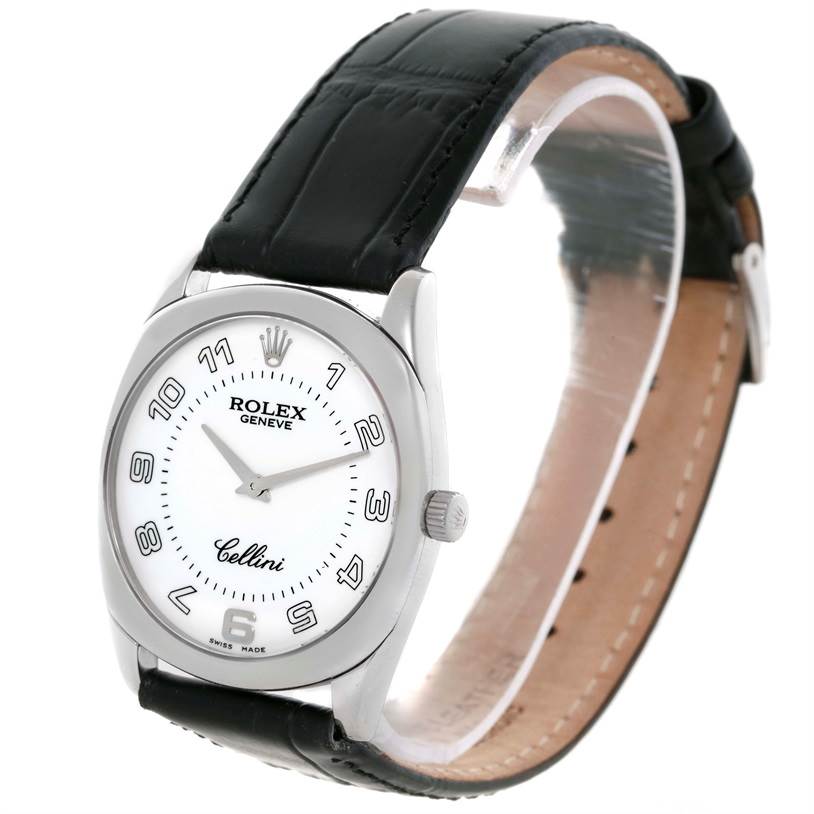 This image shows a Rolex Cellini 4233 Men's White Gold White Dial 4233 Men's White Gold White Dial watch angled slightly to the right, displaying the face, crown, and black leather strap.