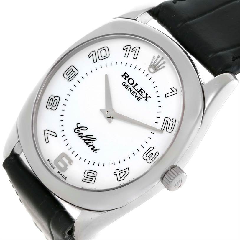 The image shows a close-up angle of a Rolex Cellini 4233 Men's White Gold White Dial 4233 Men's White Gold White Dial watch, focusing on its white dial, hands, and crown.