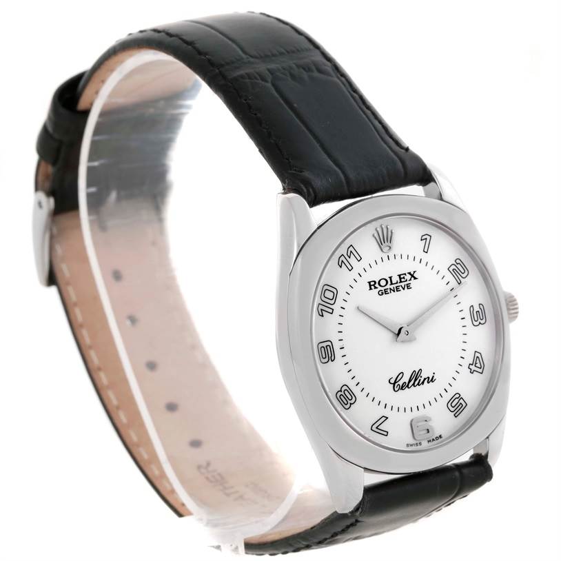 The image shows a Rolex Cellini 4233 Men's White Gold White Dial 4233 Men's White Gold White Dial watch at a three-quarter angle, highlighting the dial, case, and leather strap.