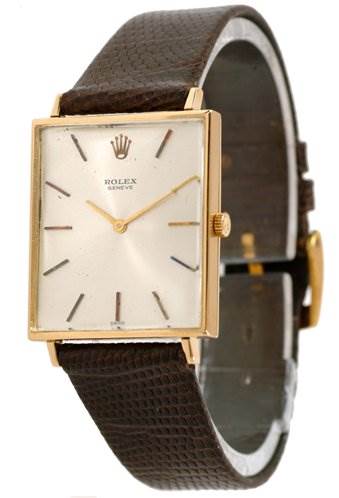 This image shows a Rolex Cellini 3607 Men's Yellow Gold Silver Dial 3607 Men's Yellow Gold Silver Dial watch with a brown leather strap, rectangular gold case, and simple dial, viewed from a front angle.