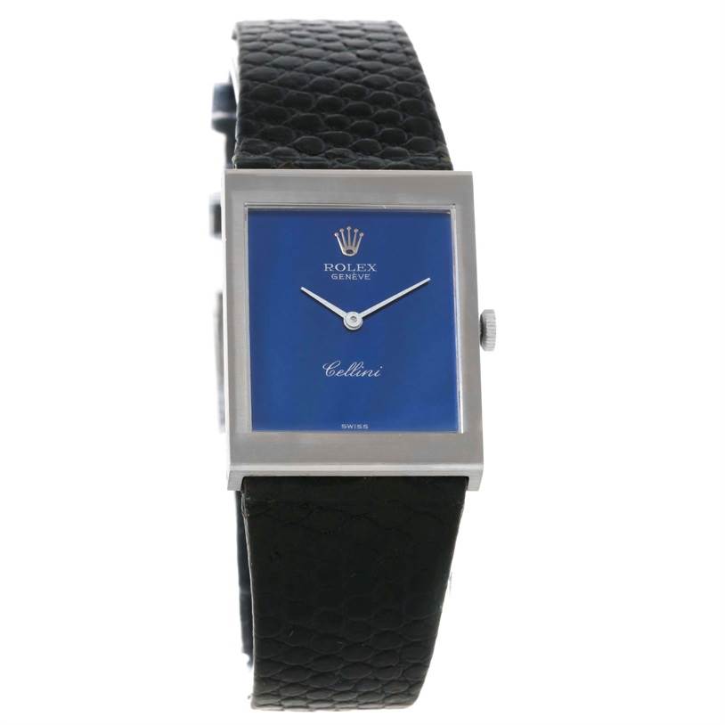 This image shows a frontal view of a Rolex Cellini 4014 Men's White Gold Blue Dial 4014 Men's White Gold Blue Dial watch, displaying its blue dial and black leather strap.