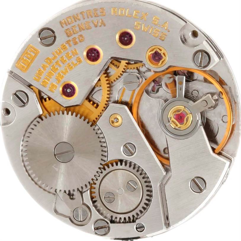 The image shows a close-up of the internal movement mechanism of a Rolex Cellini 4014 Men's White Gold Blue Dial 4014 Men's White Gold Blue Dial watch.