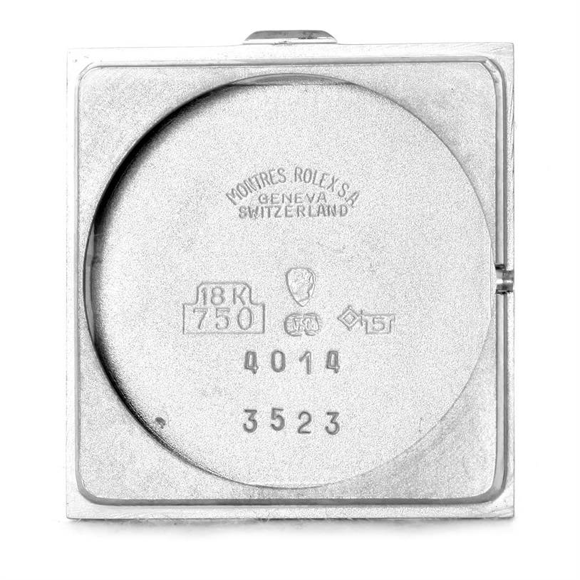 The image shows the inside back case of a Rolex Cellini 4014 Men's White Gold Blue Dial 4014 Men's White Gold Blue Dial watch, featuring engravings and hallmarks.