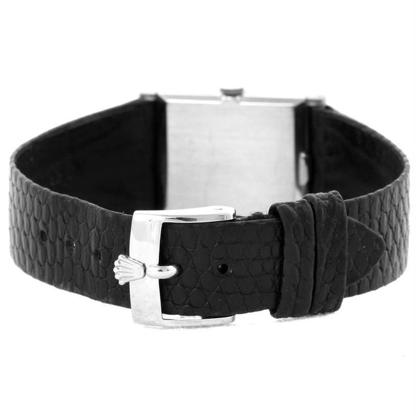 The image shows the back view of a Rolex Cellini 4014 Men's White Gold Blue Dial 4014 Men's White Gold Blue Dial watch, focusing on its black leather strap and clasp buckle.