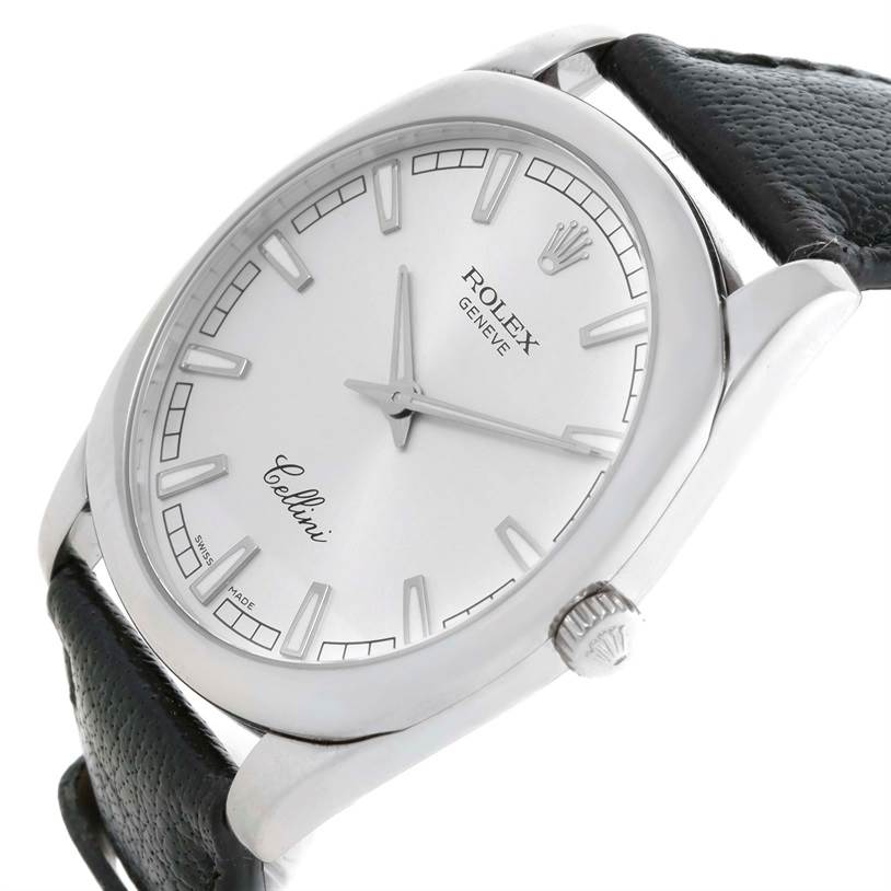 The image shows a close-up angled view of the Rolex Cellini 4243 Men's White Gold Silver Dial 4243 Men's White Gold Silver Dial watch, highlighting its dial, crown, and black leather strap.