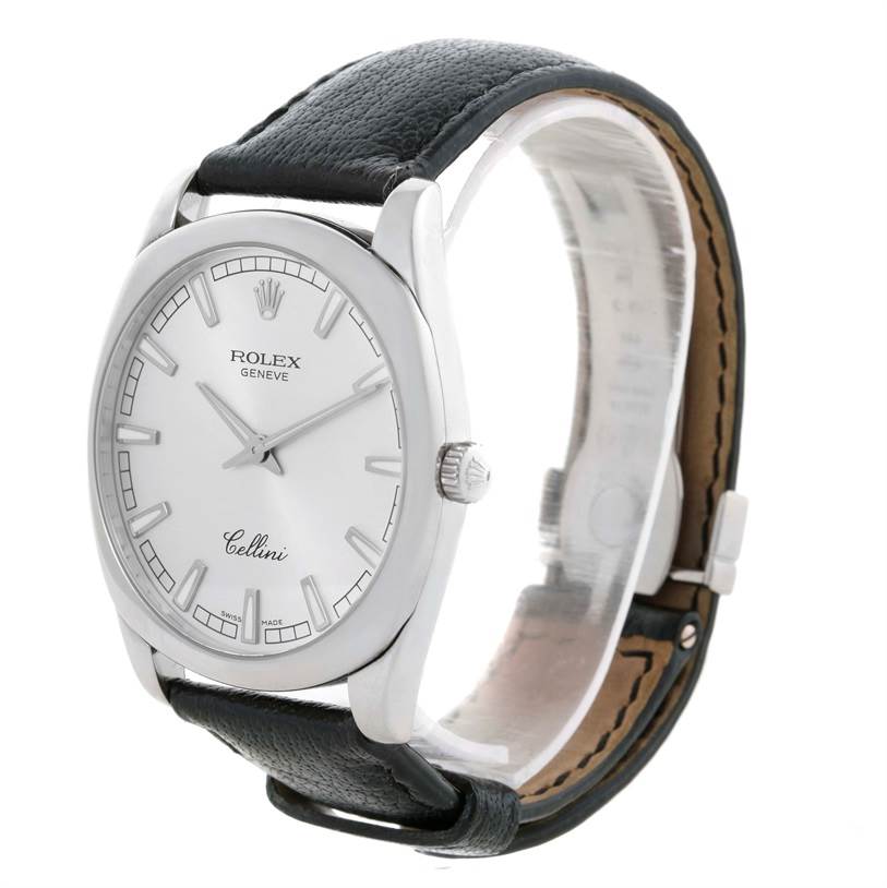 The image shows a Rolex Cellini 4243 Men's White Gold Silver Dial 4243 Men's White Gold Silver Dial watch at an angled view, highlighting its face, case, crown, and leather strap.