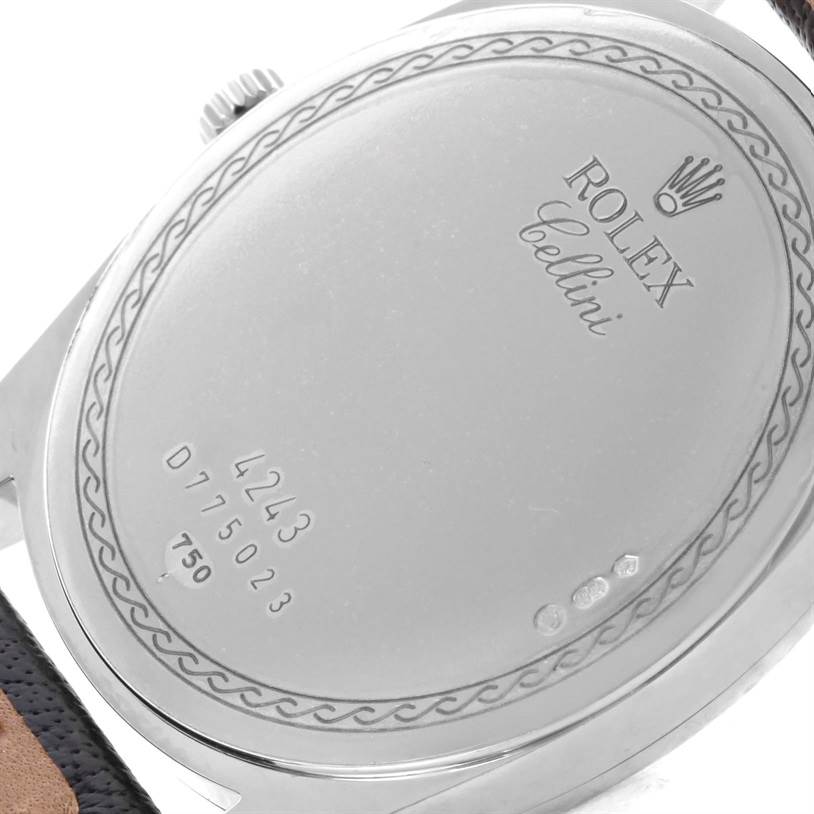 The image shows the back case of a Rolex Cellini 4243 Men's White Gold Silver Dial 4243 Men's White Gold Silver Dial watch, displaying the model name, serial number, and branding.