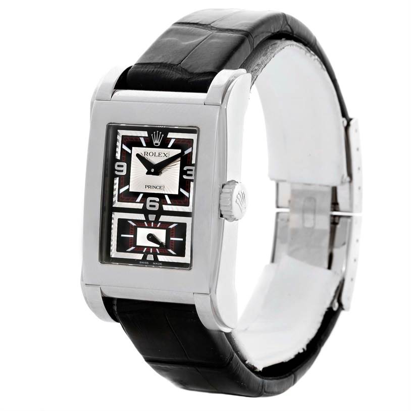 The image shows a side angle of a Rolex Cellini 5443 Men's White Gold Black Dial 5443 Men's White Gold Black Dial watch, highlighting the rectangular dial, crown, and black leather strap.