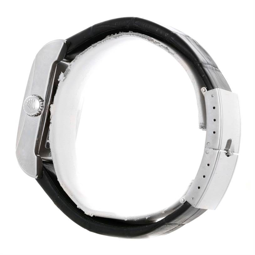 The image shows a side view of a Rolex Cellini 5443 Men's White Gold Black Dial 5443 Men's White Gold Black Dial watch, highlighting the crown, case, and leather strap with buckle.