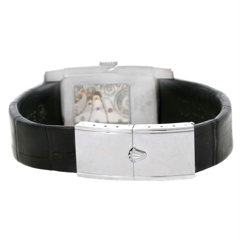 The image shows the back of a Rolex Cellini 5443 Men's White Gold Black Dial 5443 Men's White Gold Black Dial watch, highlighting the clasp and partially visible movement through the case back.