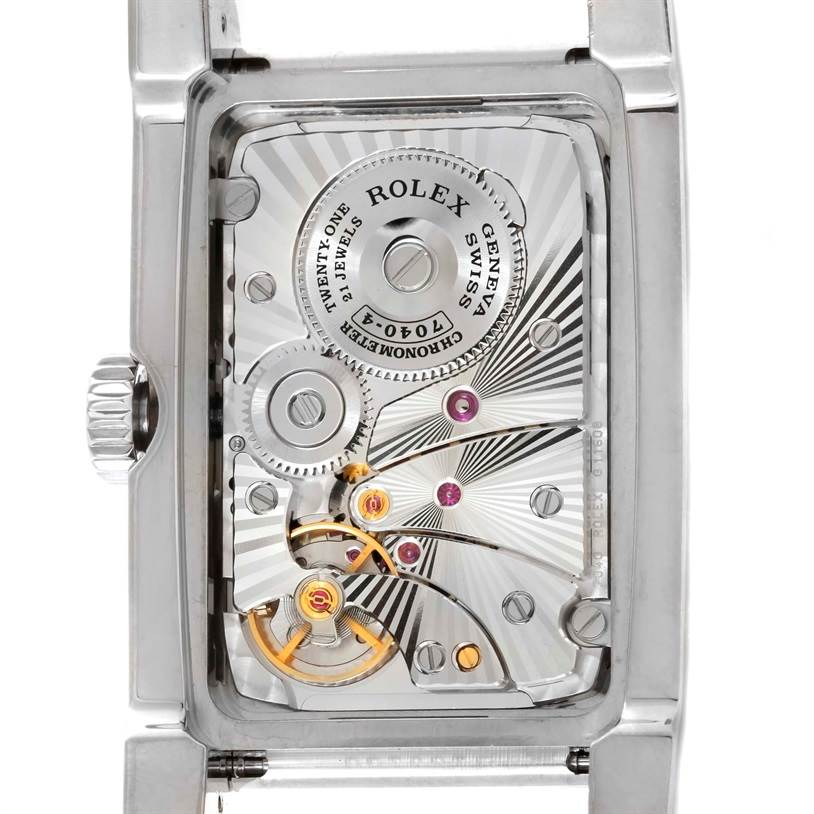The image shows the intricate internal movement of a Rolex Cellini 5443 Men's White Gold Black Dial 5443 Men's White Gold Black Dial watch viewed from the back.
