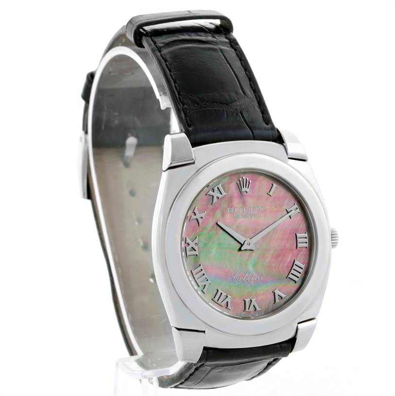 The image shows a Rolex Cellini 5330 Men's White Gold Mother of Pearl Dial 5330 Men's White Gold Mother of Pearl Dial watch at a three-quarter angle, highlighting its face, bezel, and black leather strap.