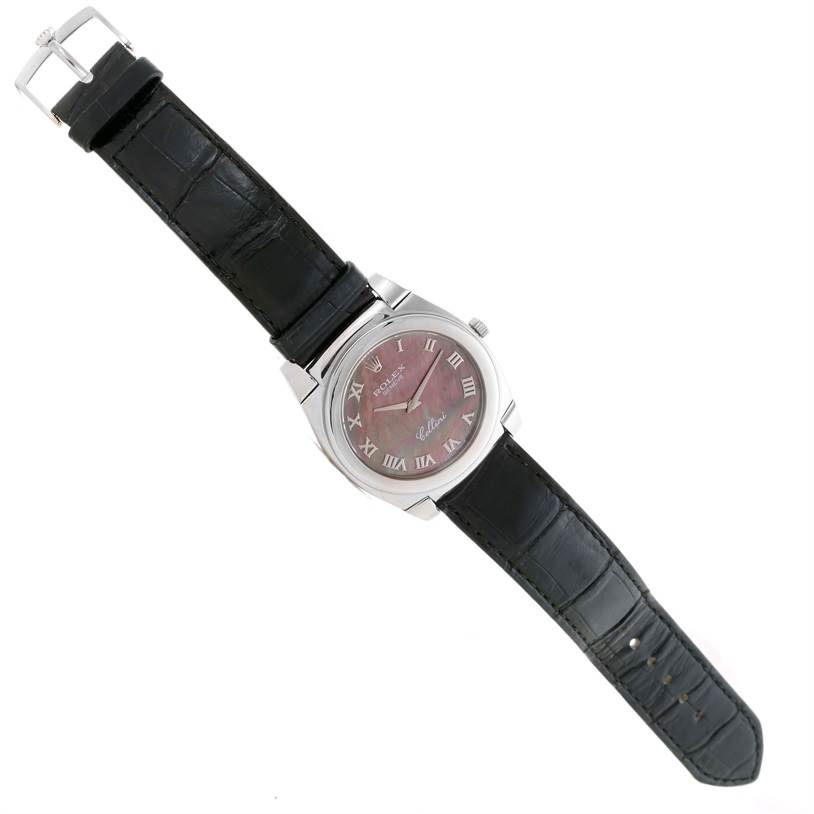 The Rolex Cellini 5330 Men's White Gold Mother of Pearl Dial 5330 Men's White Gold Mother of Pearl Dial model watch is shown from a top-down angle, displaying the face, case, crown, and black leather strap.