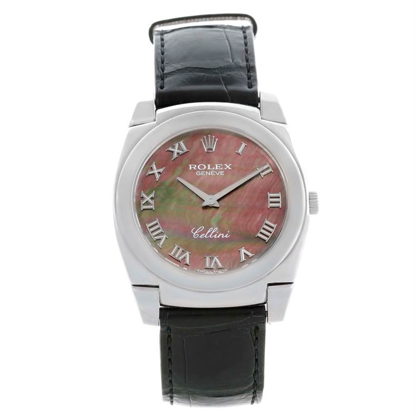 The image shows a front view of a Rolex Cellini 5330 Men's White Gold Mother of Pearl Dial 5330 Men's White Gold Mother of Pearl Dial watch, featuring its face, case, and leather strap.