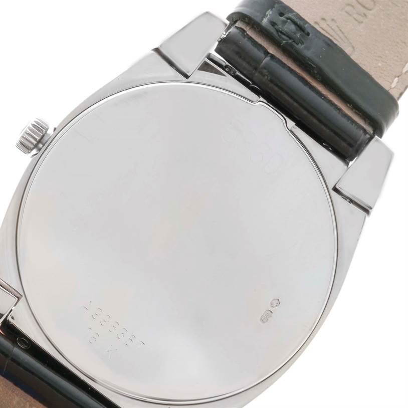The image shows the back case and part of the leather strap of a Rolex Cellini 5330 Men's White Gold Mother of Pearl Dial 5330 Men's White Gold Mother of Pearl Dial watch from a close-up angle.