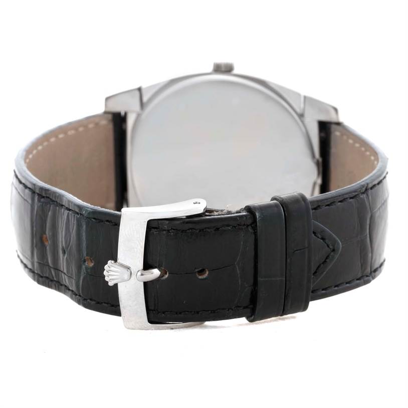 The watch is a Rolex Cellini 5330 Men's White Gold Mother of Pearl Dial 5330 Men's White Gold Mother of Pearl Dial model shown from the rear, highlighting the black leather strap and clasp.