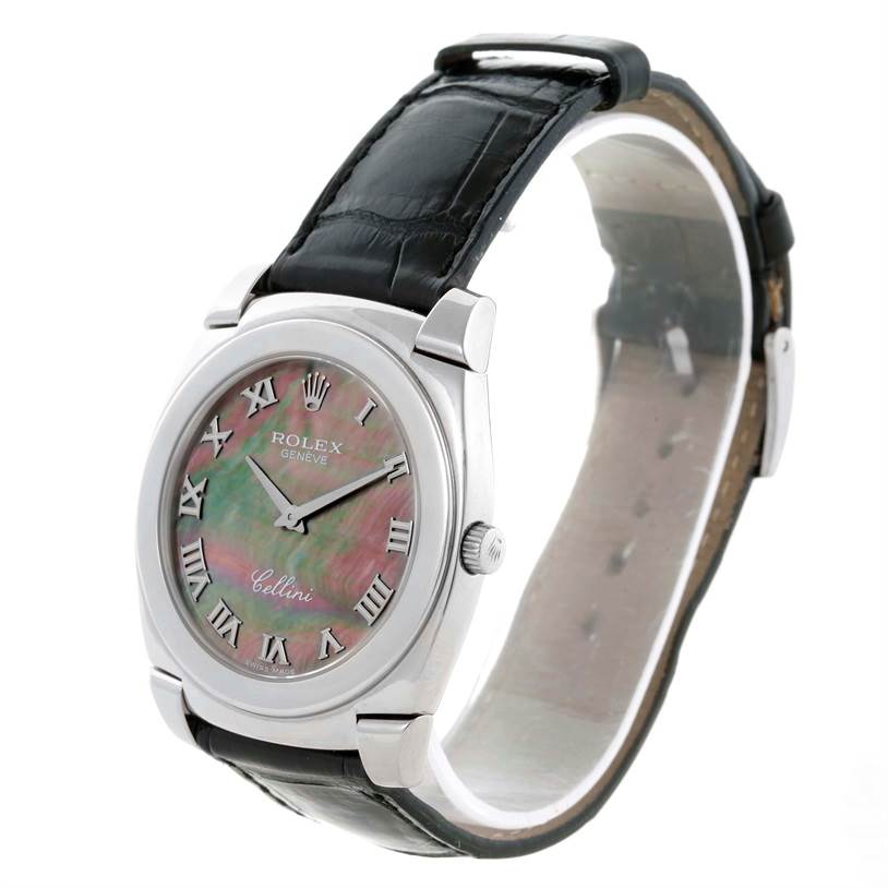 The Rolex Cellini 5330 Men's White Gold Mother of Pearl Dial 5330 Men's White Gold Mother of Pearl Dial watch is shown at a slight angle, displaying the face, dial, crown, and black leather strap.
