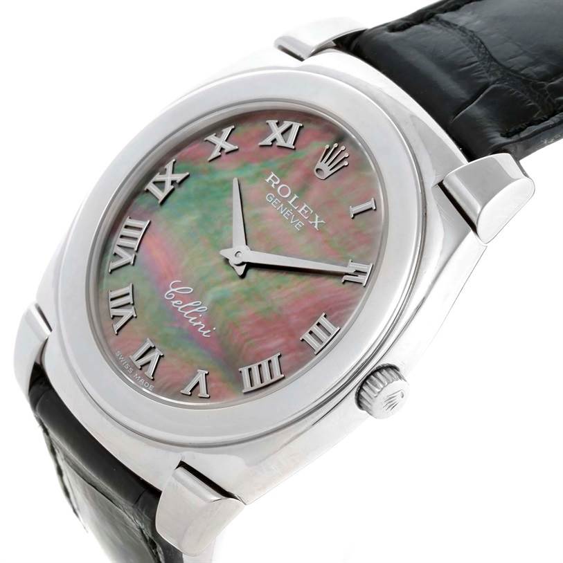The image shows a Rolex Cellini 5330 Men's White Gold Mother of Pearl Dial 5330 Men's White Gold Mother of Pearl Dial watch from an angled top view, highlighting its dial, case, crown, and leather strap.