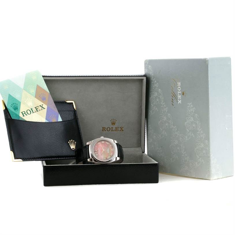 The Rolex Cellini 5330 Men's White Gold Mother of Pearl Dial 5330 Men's White Gold Mother of Pearl Dial watch is shown from the front, inside its box, accompanied by warranty cards and a cardholder.