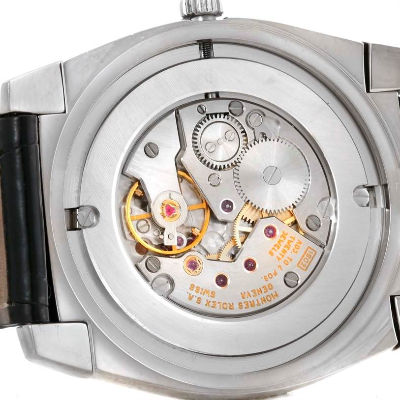 This image shows the back view of a Rolex Cellini 5330 Men's White Gold Mother of Pearl Dial 5330 Men's White Gold Mother of Pearl Dial watch, displaying the intricate mechanical movement.