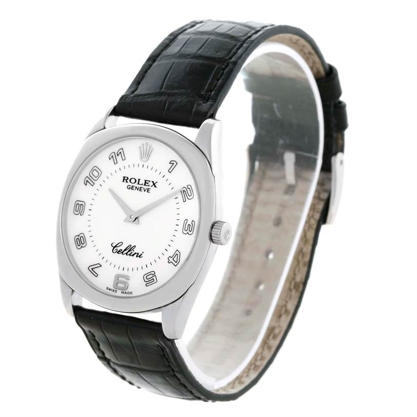 The image shows a Rolex Cellini 4233 Men
s White Gold White Dial 4233 Men
s White Gold White Dial watch from a front angle, highlighting the white dial, hour markers, case, and black leather strap.
