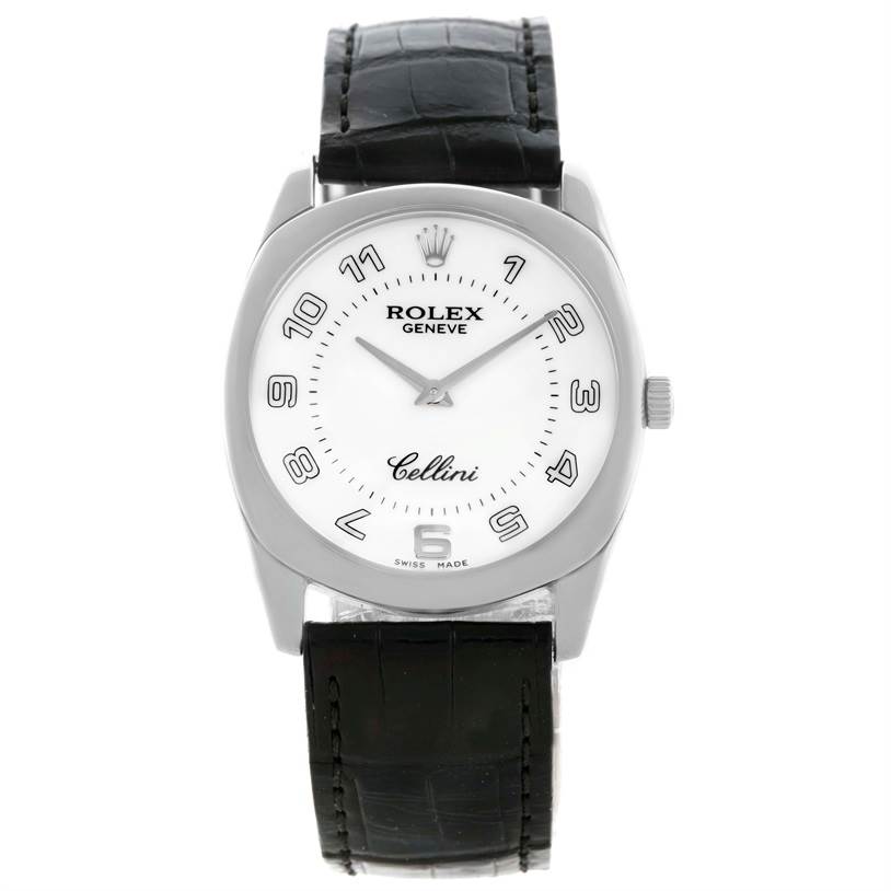 This image shows a frontal view of a Rolex Cellini 4233 Men
s White Gold White Dial 4233 Men
s White Gold White Dial watch featuring its face, casing, and black leather strap.