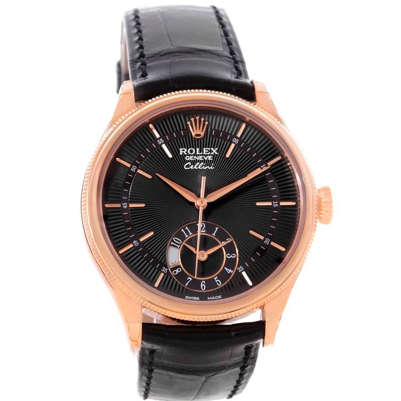 The image shows a Rolex Cellini 50525 Men's Rose Gold Black Dial 50525 Men's Rose Gold Black Dial watch from a front angle, displaying its dial, hands, case, and leather strap.