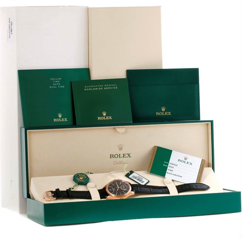 The image shows a Rolex Cellini 50525 Men's Rose Gold Black Dial 50525 Men's Rose Gold Black Dial watch in its packaging along with manuals and a warranty card.