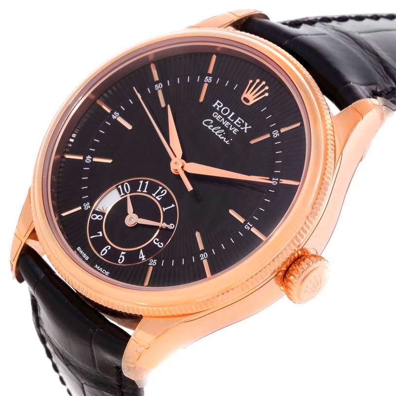 The image shows a side-angle view of a Rolex Cellini 50525 Men's Rose Gold Black Dial 50525 Men's Rose Gold Black Dial watch, highlighting the black dial, rose gold case, crown, and black leather strap.