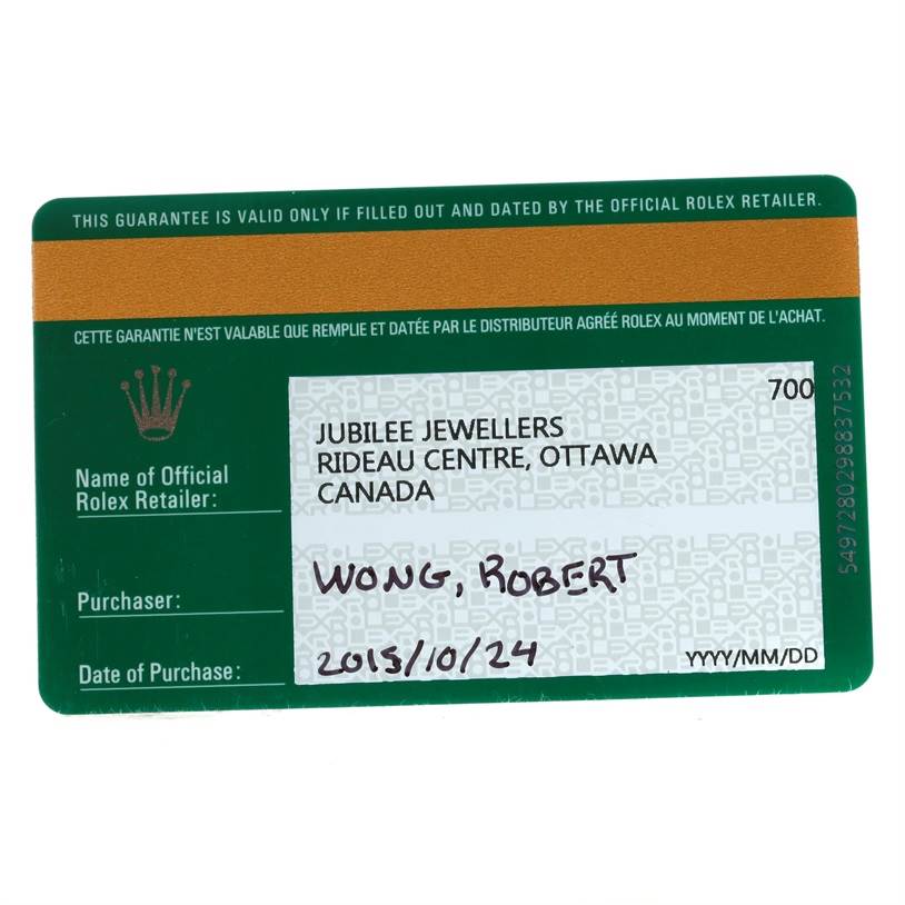 The image shows a dated and signed International Guarantee card for a Rolex Cellini 50525 Men's Rose Gold Black Dial 50525 Men's Rose Gold Black Dial watch from Jubilee Jewellers.