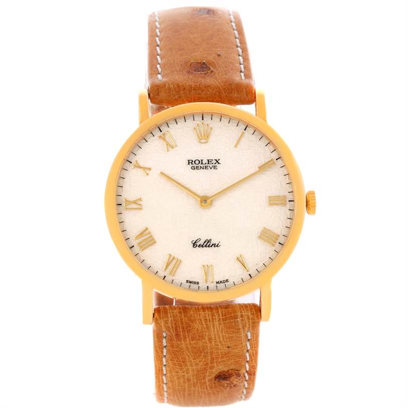 The image shows a Rolex Cellini 5112 Men's Yellow Gold Beige Dial 5112 Men's Yellow Gold Beige Dial watch, featuring a gold case, white dial, and brown leather strap, viewed from the front.