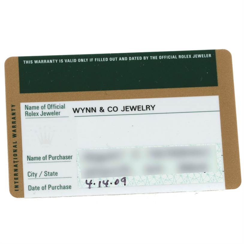 This image shows an international warranty card for a Rolex Cellini 5115 Men
s Yellow Gold Champagne Dial 5115 Men
s Yellow Gold Champagne Dial watch, including details about the jeweler and purchase date.