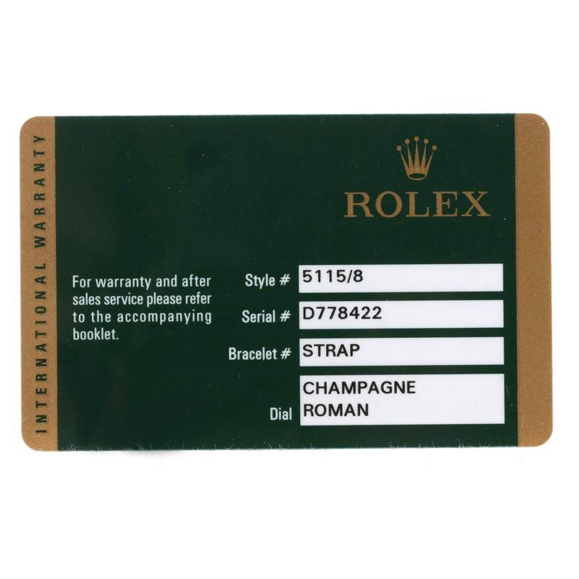 The image shows an international warranty card for the Rolex Cellini 5115 Men
s Yellow Gold Champagne Dial 5115 Men
s Yellow Gold Champagne Dial model, including style, serial, bracelet, and dial information.