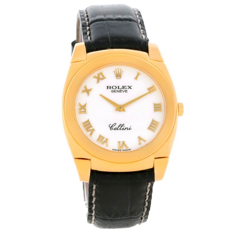 The Rolex Cellini 5330 Men's Yellow Gold White Dial 5330 Men's Yellow Gold White Dial watch is shown from the front, displaying the face, dial, hands, case, and part of the black leather strap.