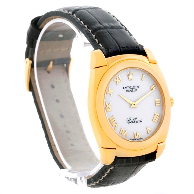 The image shows a Rolex Cellini 5330 Men's Yellow Gold White Dial 5330 Men's Yellow Gold White Dial watch from a front angle, displaying the dial, case, and black leather strap.