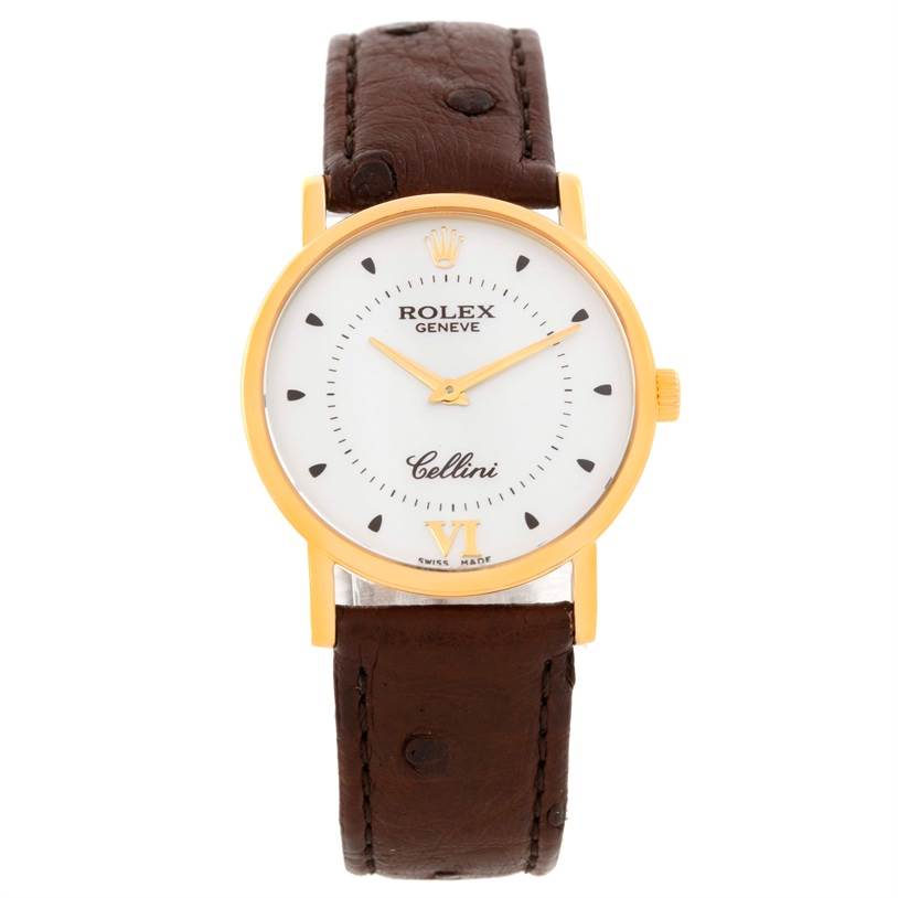 The image shows a front view of the Rolex Cellini 5115 Men
s Yellow Gold Silver Dial 5115 Men
s Yellow Gold Silver Dial watch, displaying its dial, crown, case, and leather strap.