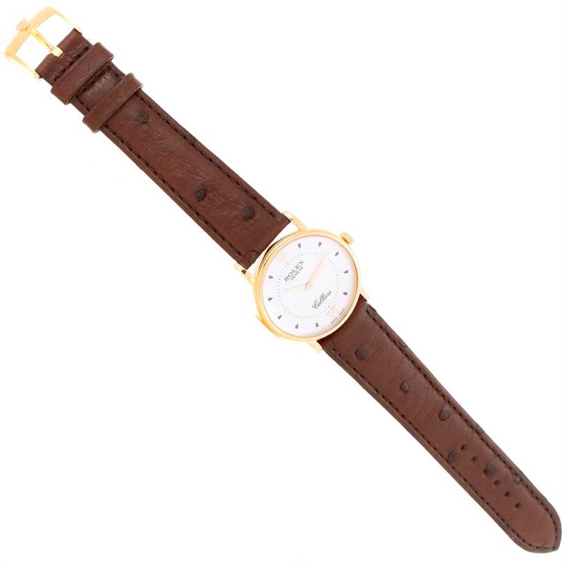 The image shows a Rolex Cellini 5115 Men
s Yellow Gold Silver Dial 5115 Men
s Yellow Gold Silver Dial model watch from a top-down angle, featuring its brown leather strap and gold case.