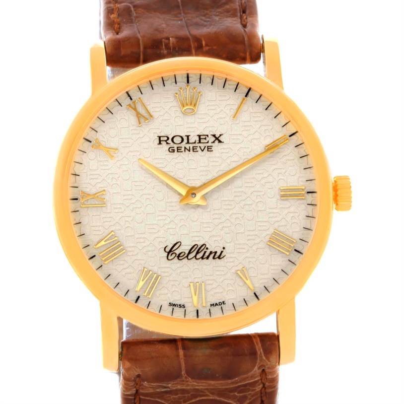 The image shows a frontal view of the Rolex Cellini 5115 Men
s Yellow Gold Beige Dial 5115 Men
s Yellow Gold Beige Dial watch, displaying its dial, hands, case, and leather strap.