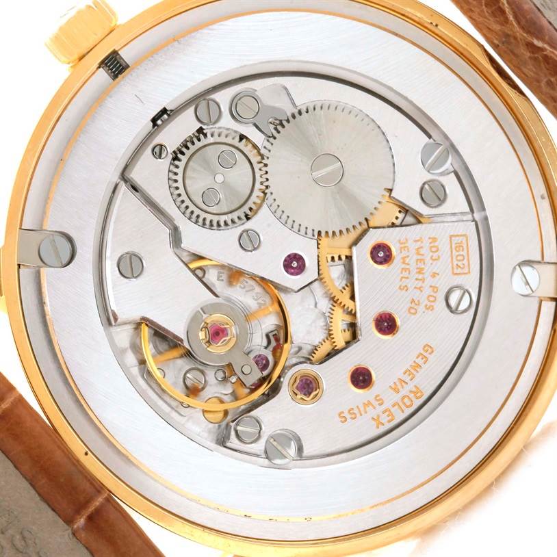 This image shows the internal mechanical movement of a Rolex Cellini 5115 Men
s Yellow Gold Champagne Dial 5115 Men
s Yellow Gold Champagne Dial watch from the back.