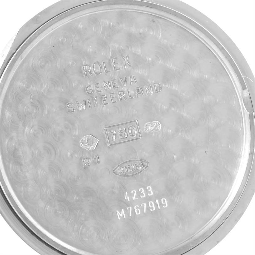 This image shows the inside case back of a Rolex Cellini 4233 Men
s White Gold White Dial 4233 Men
s White Gold White Dial watch.