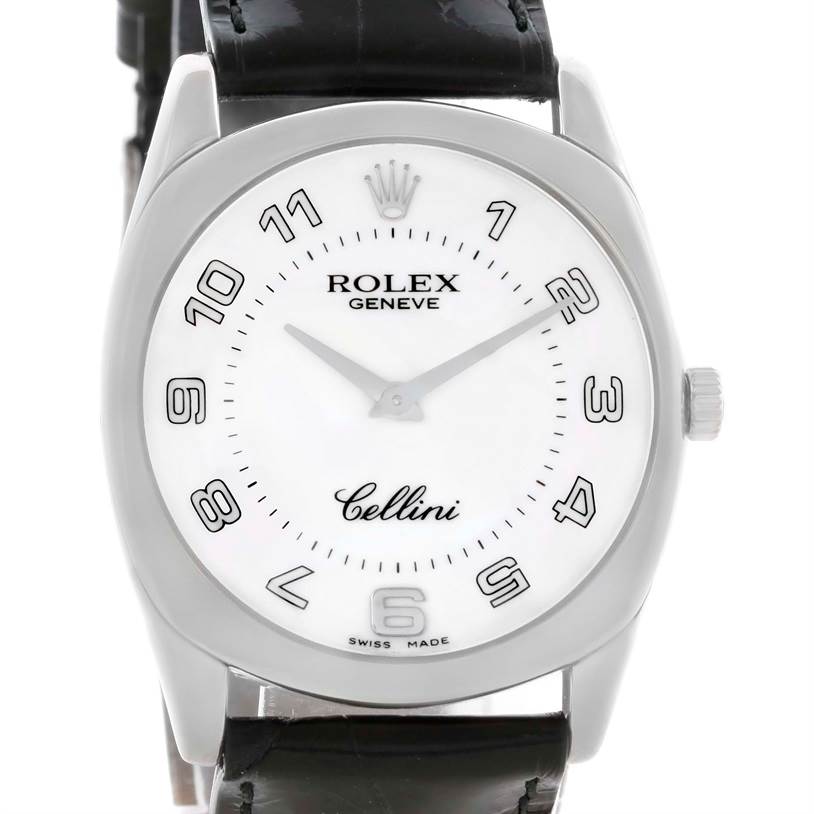 The Rolex Cellini 4233 Men
s White Gold White Dial 4233 Men
s White Gold White Dial watch is shown from the front, highlighting the dial, hands, and strap attachment points.