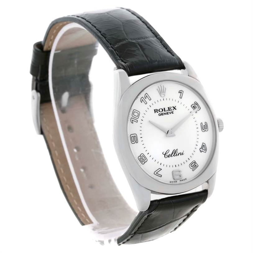 The image shows the Rolex Cellini 4233 Men
s White Gold White Dial 4233 Men
s White Gold White Dial watch at a three-quarter frontal angle, displaying the face, case, and strap.