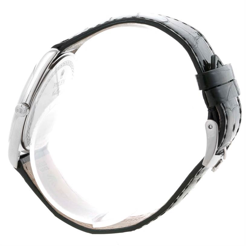 The image shows a side view of a Rolex Cellini 4233 Men
s White Gold White Dial 4233 Men
s White Gold White Dial watch, displaying its crown, case, and leather strap.