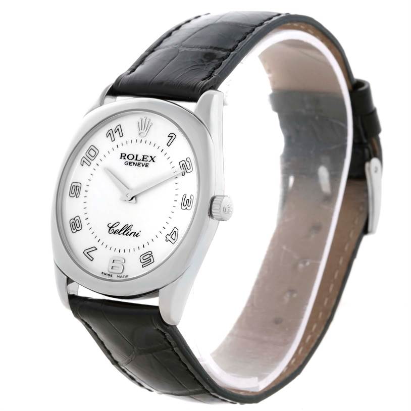 The Rolex Cellini 4233 Men
s White Gold White Dial 4233 Men
s White Gold White Dial watch is shown at a three-quarter angle displaying the face, crown, and leather strap.