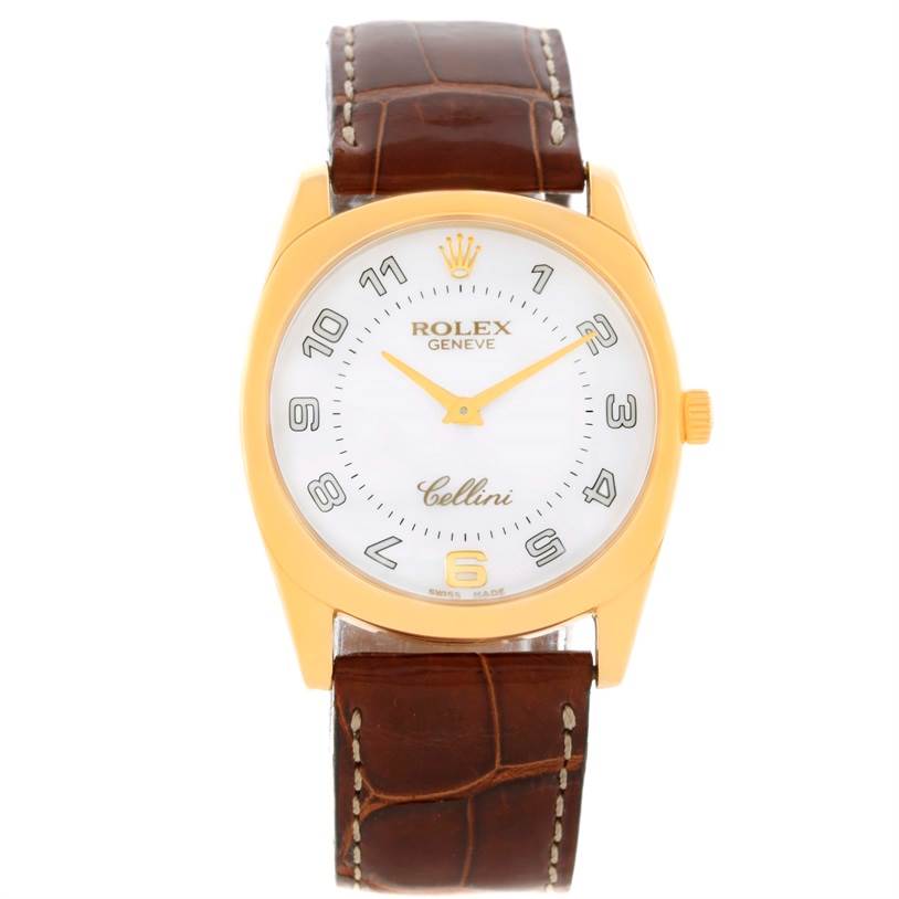 This Rolex Cellini 4233 Men's Yellow Gold White Dial 4233 Men's Yellow Gold White Dial model is shown from a front angle, displaying its face, dial, hands, crown, and leather strap.